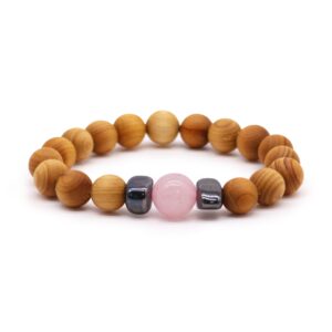Bracciale Chakra del Cuore in Legno di Cedro – Quarzo Rosa