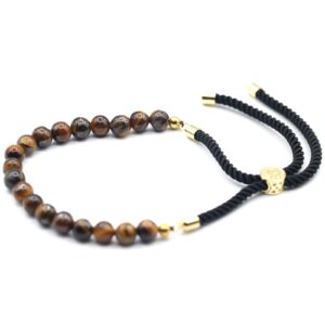 Bracciale con pietre preziose placcato oro 18 carati e filo nero - Occhio di tigre